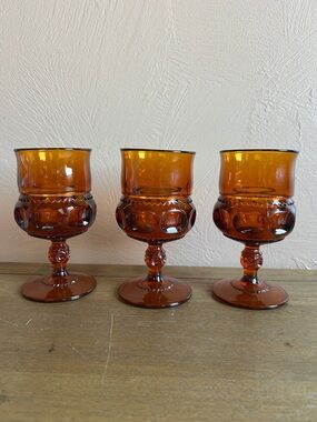 Vintage 1960’s Indiana Glass King’s Crown Dark Amber Color Goblets-Set of 3.